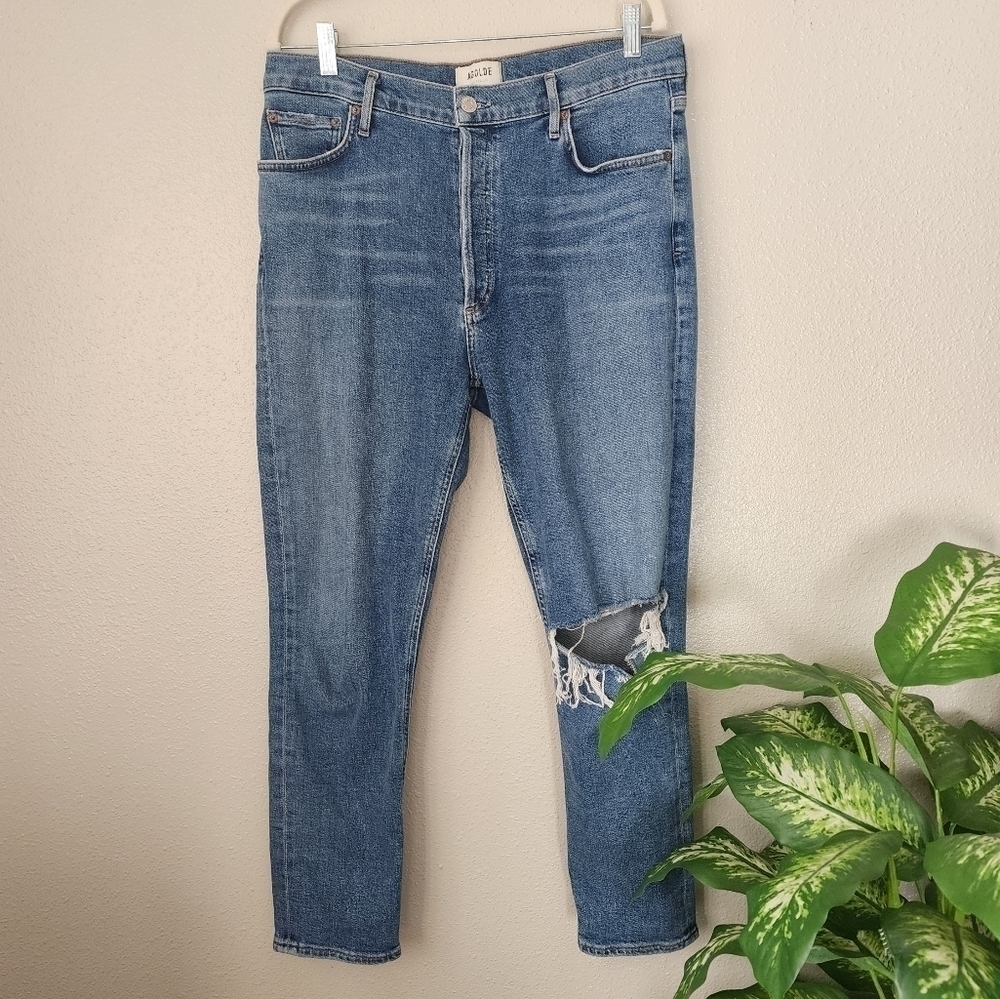 Agolde Niko Button Fly Knee Distress High Rise Slim Fit Shorline Wash Jeans 32